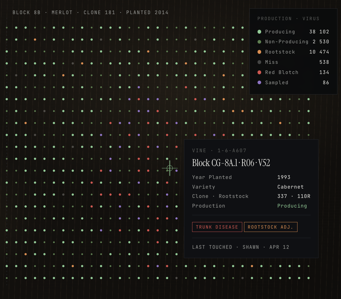 Sentinel vine map showing color-coded vine statuses with vine detail popup